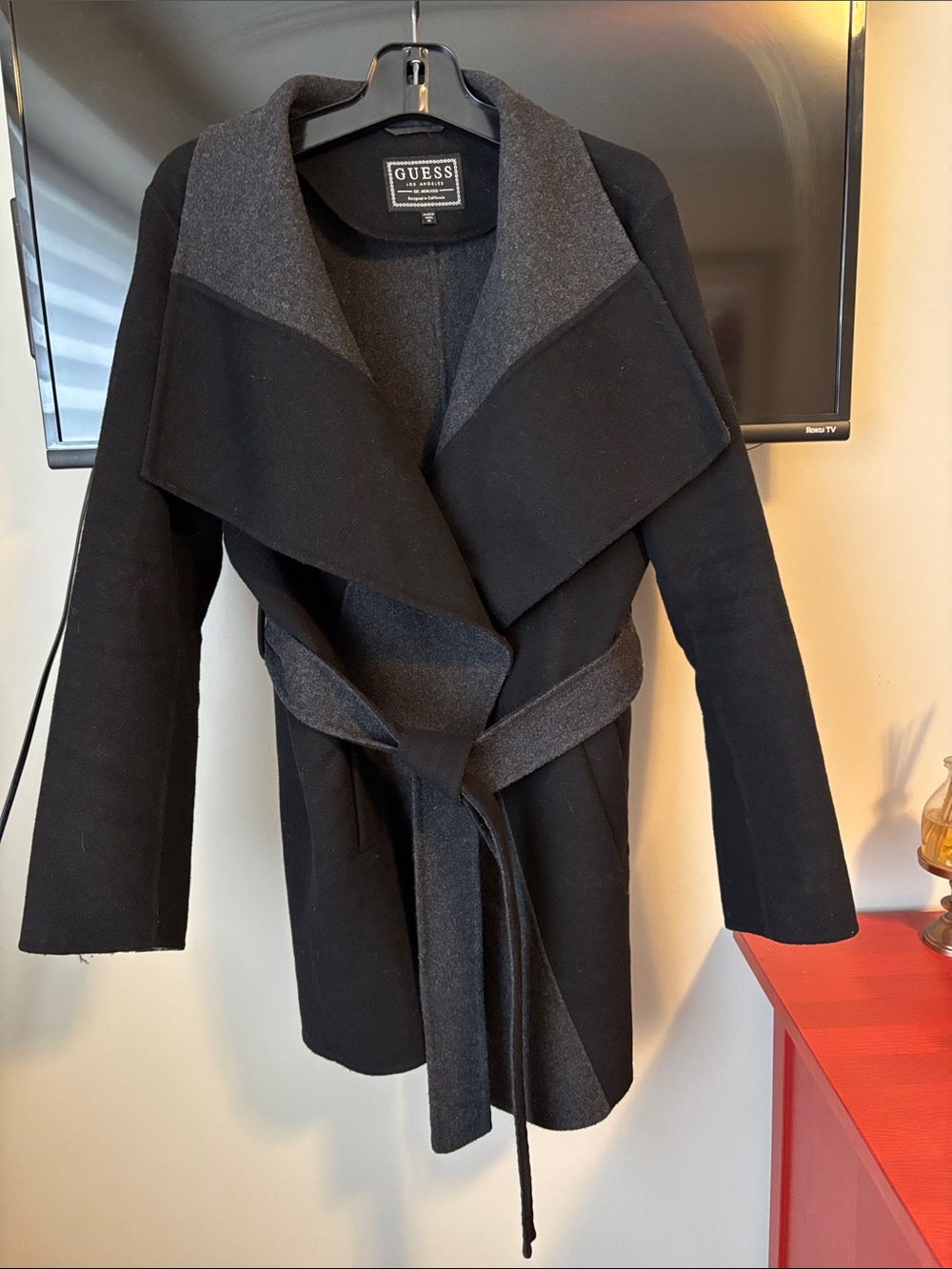 GUESS Women's Black Felt Coat with Charcoal Trim